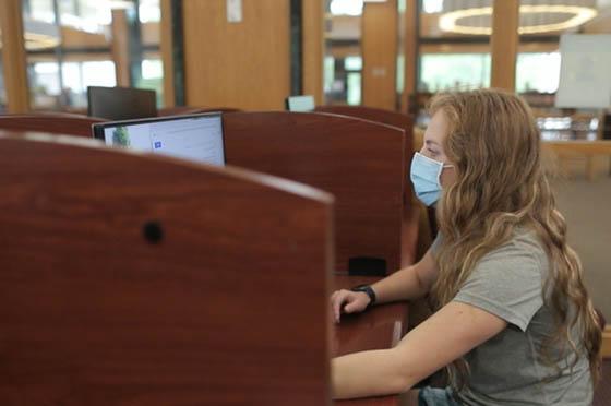 图为英国立博体育官网的一名女学生戴着口罩，在图书馆的电脑前工作